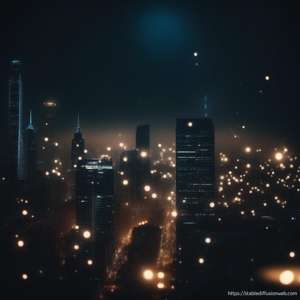 Eine Skyline bei Nacht. Zwischen den Häuserschluchten schweben kleine Kugeln aus Licht.
